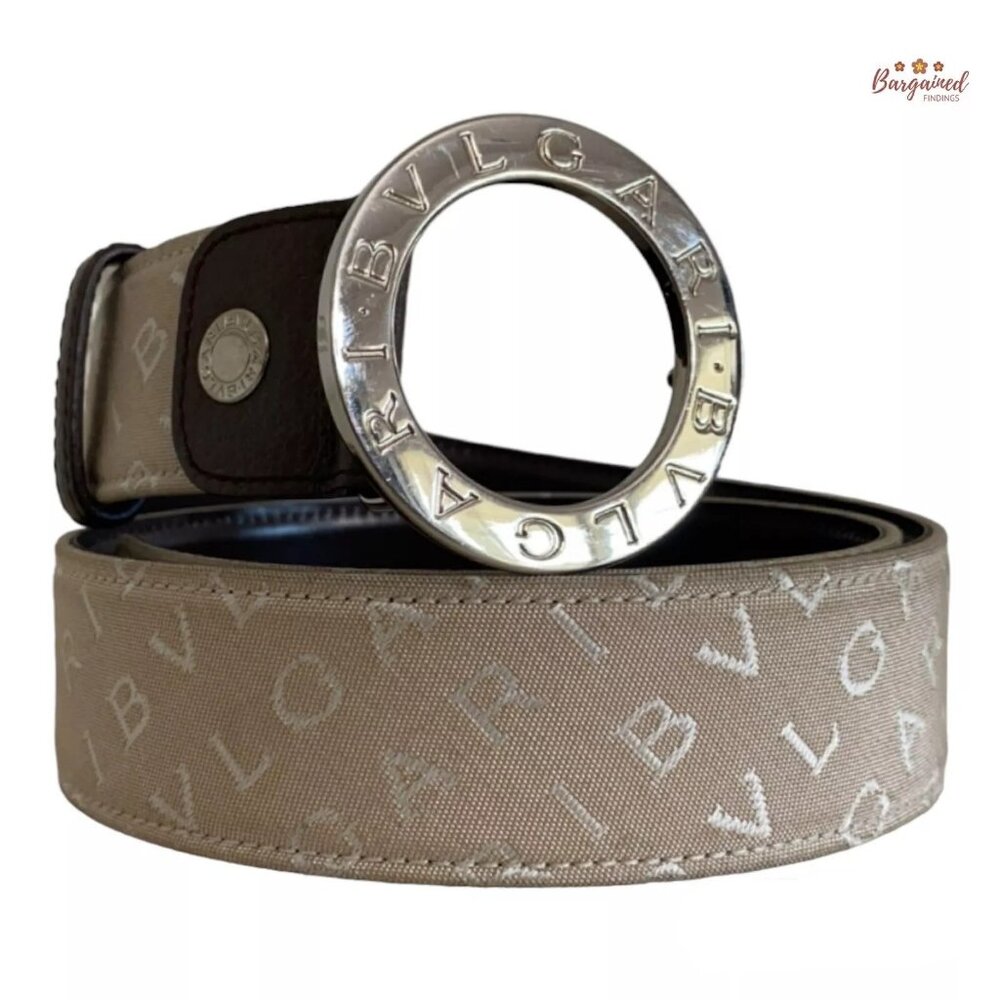 Authentic BVLGARI Beige Canvas Dark Brown Leather Silver Round Buckle 85/34